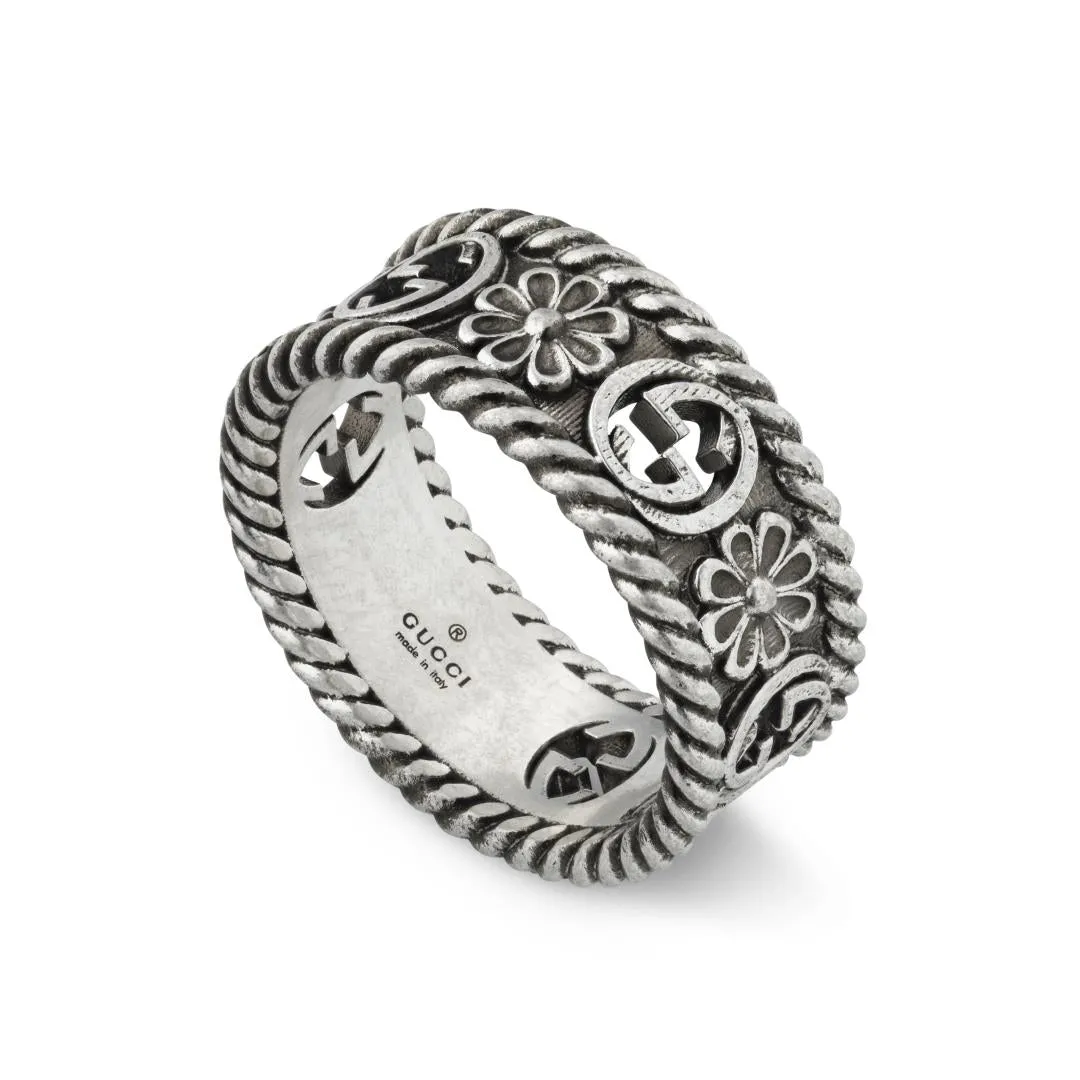 Gucci Interlocking Sterling Silver Motif Flower Ring D