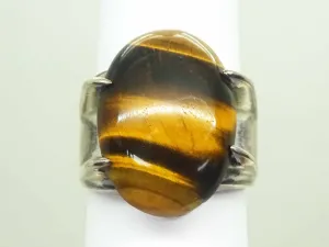 Large Oval Tiger??s Eye Cabochon Ring Solid Sterling Silver Size 10.5
