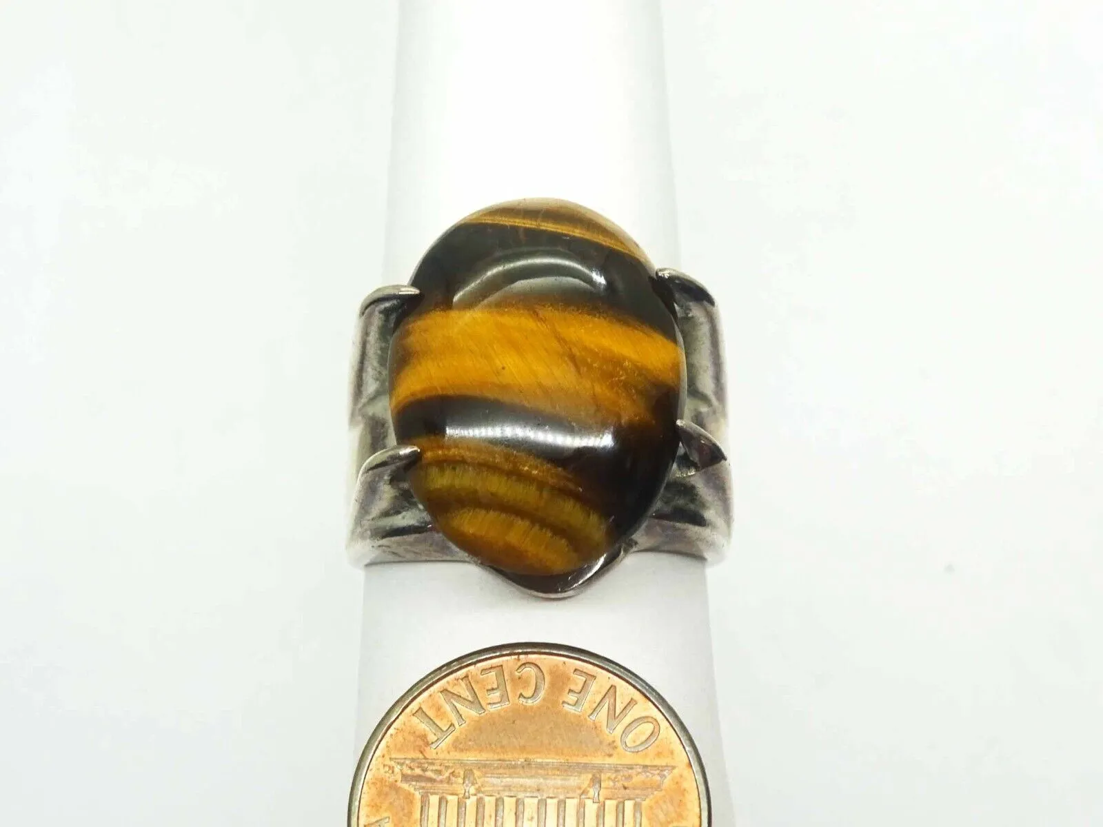 Large Oval Tiger??s Eye Cabochon Ring Solid Sterling Silver Size 10.5