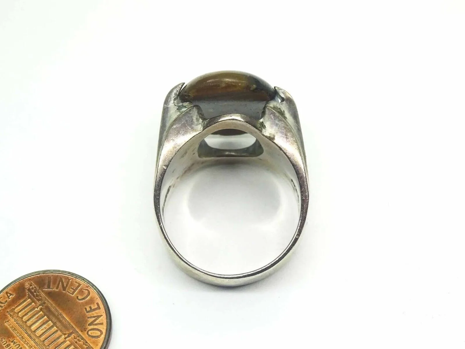 Large Oval Tiger??s Eye Cabochon Ring Solid Sterling Silver Size 10.5