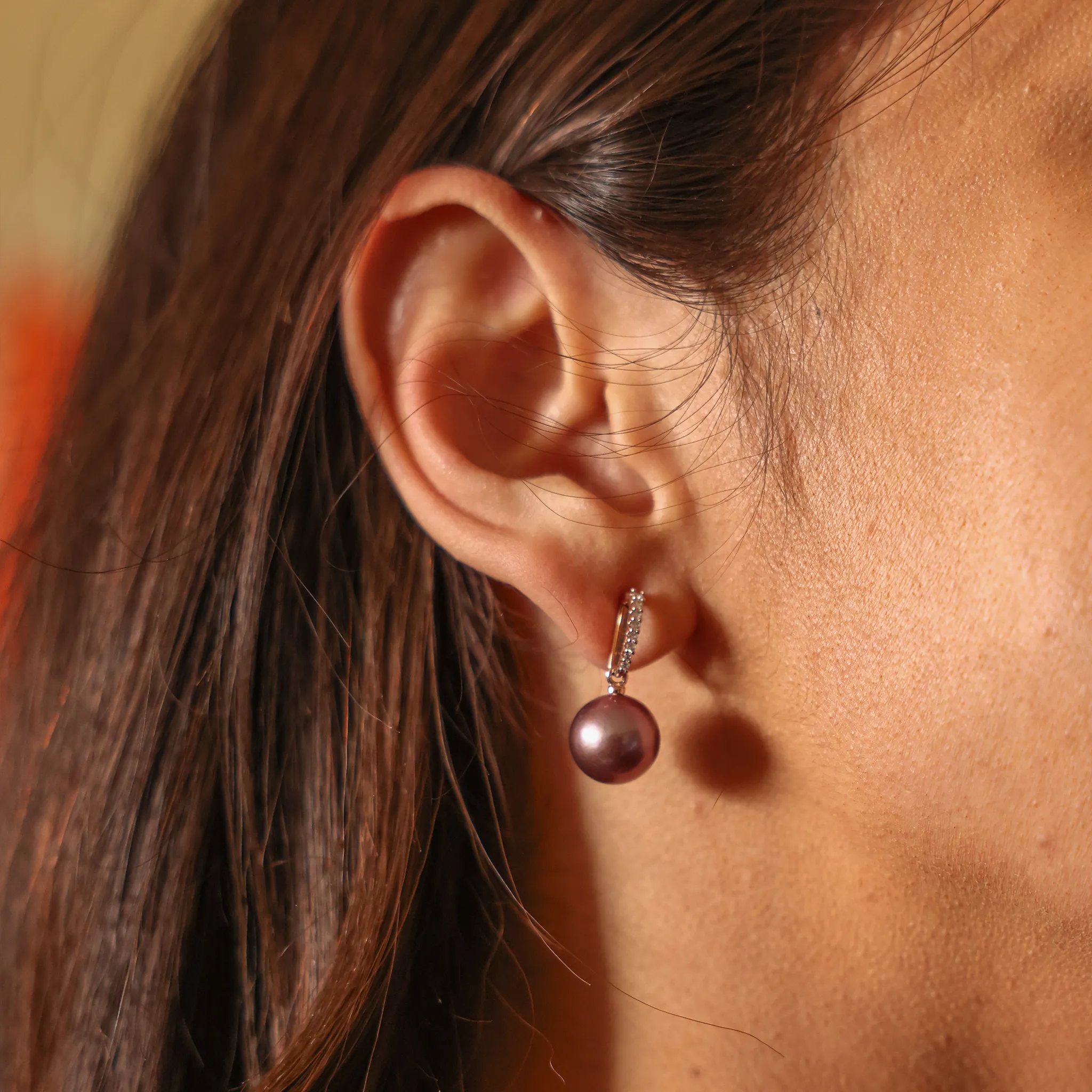 Lilac Freshwater Pearl Earrings in Rose Gold with Diamonds - 11-12mm