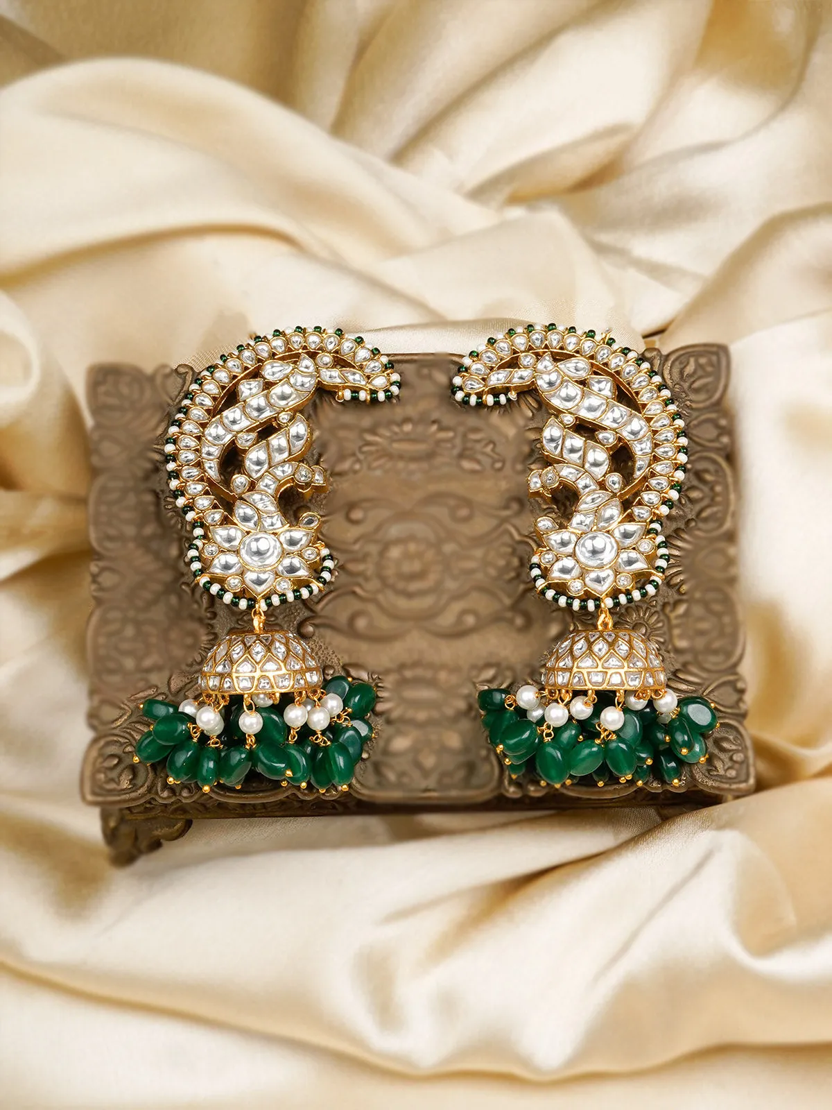 Madhuri Green Color Gold Plated Jadau Kundan Earrings - ME1180