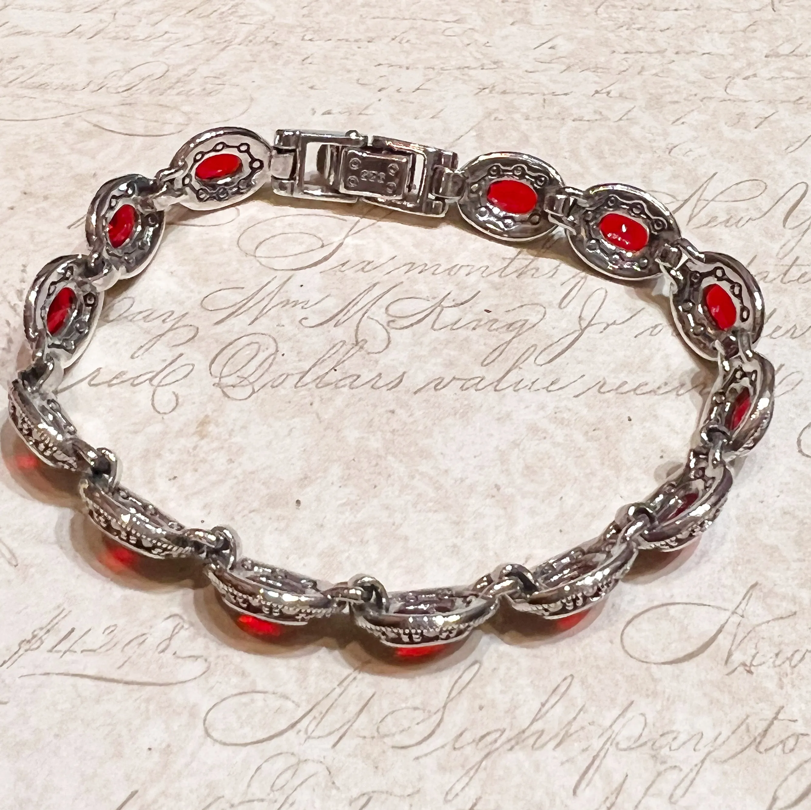 Marcasite Silver and Red Cubic Zirconia Oval stone Tennis Bracelet