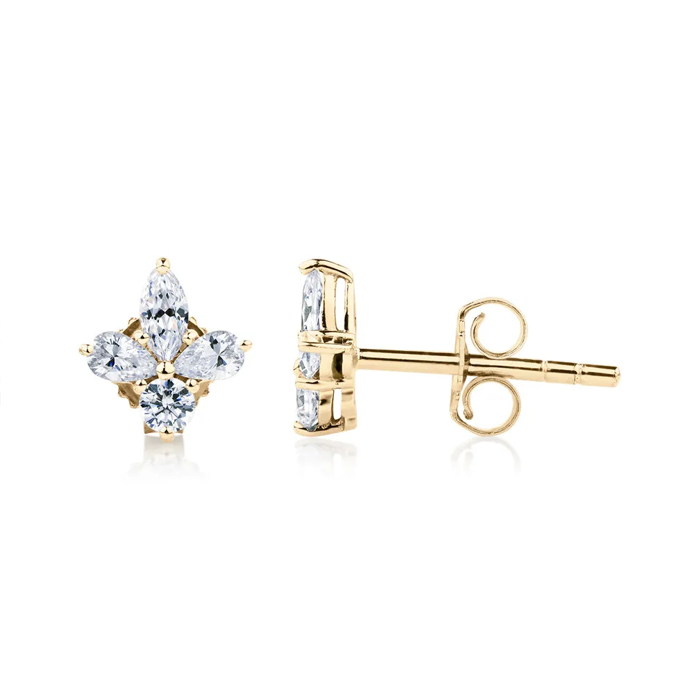 Marquise, Pear and Round Brilliant stud earrings with 0.8 carats* of diamond simulants in 10 carat yellow gold