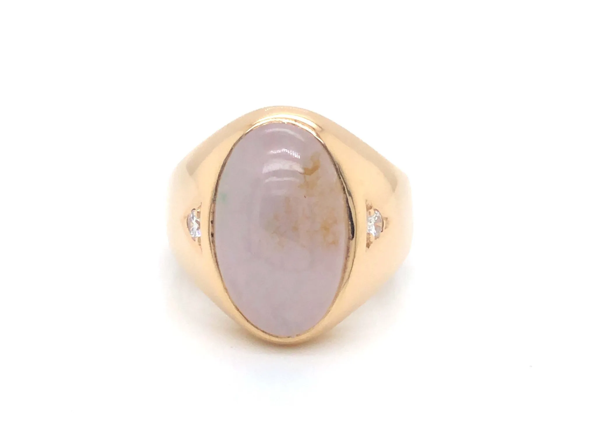 Men's Oval White Jade and Diamond Ring - 14k Yellow Gold