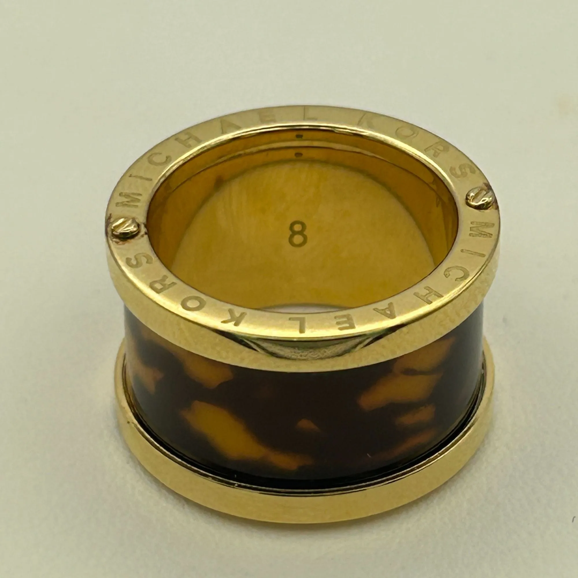Michael Kors Gold Tone Faux Tortoise Shell Barrel Ring Size 8
