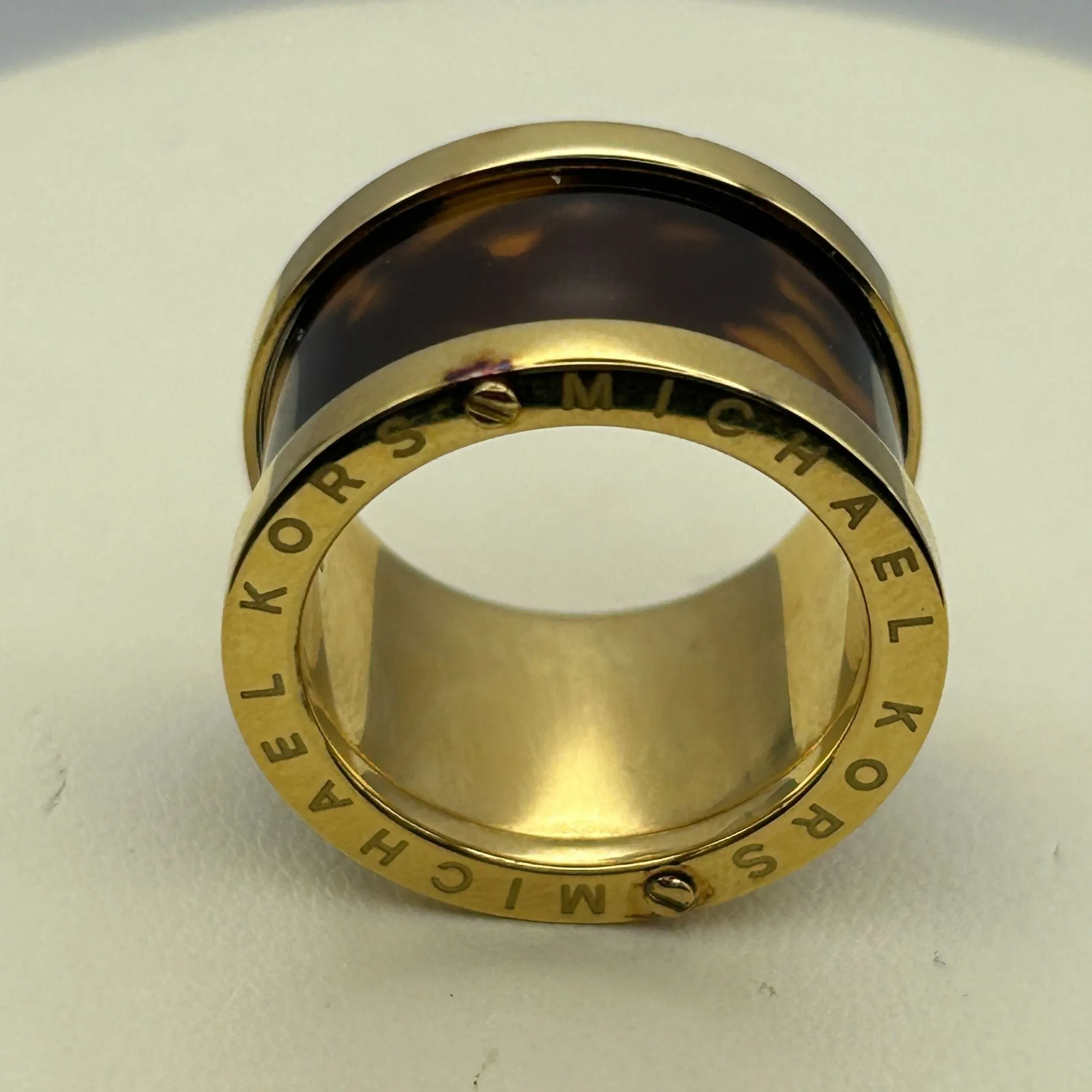 Michael Kors Gold Tone Faux Tortoise Shell Barrel Ring Size 8