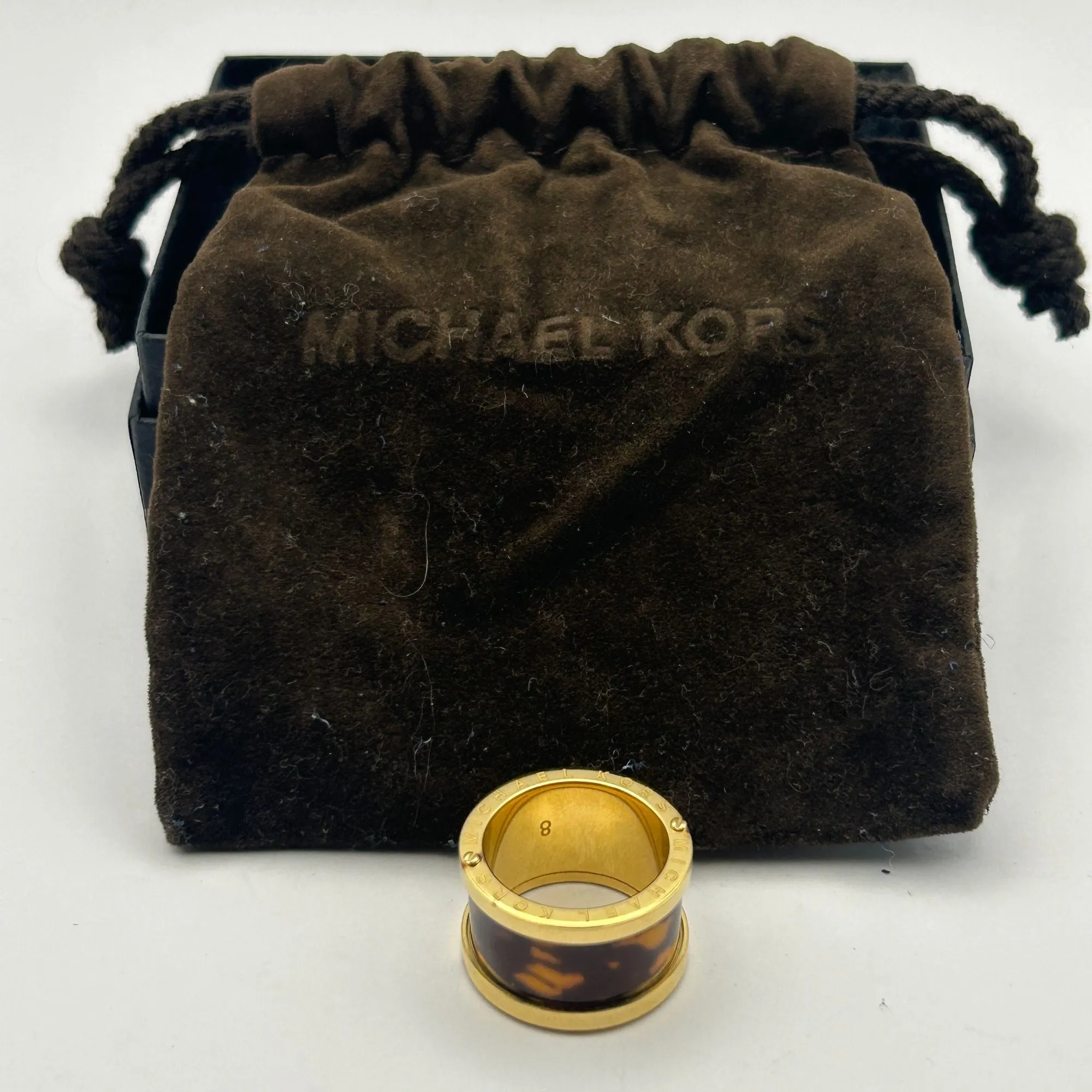 Michael Kors Gold Tone Faux Tortoise Shell Barrel Ring Size 8