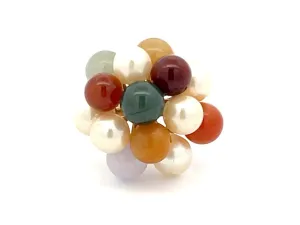 Mings Pearl and Colorful Jade Ring in 14k Yellow Gold