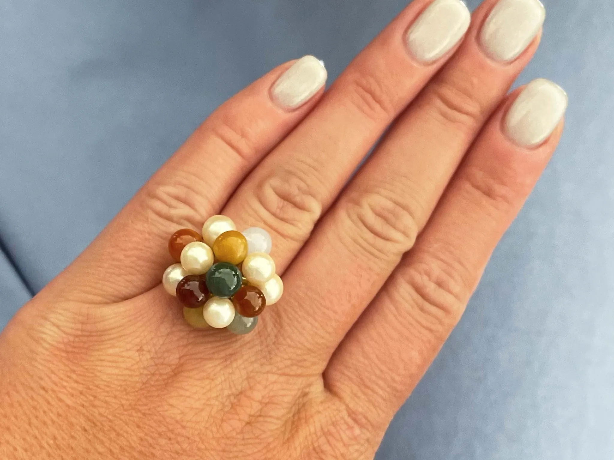 Mings Pearl and Colorful Jade Ring in 14k Yellow Gold