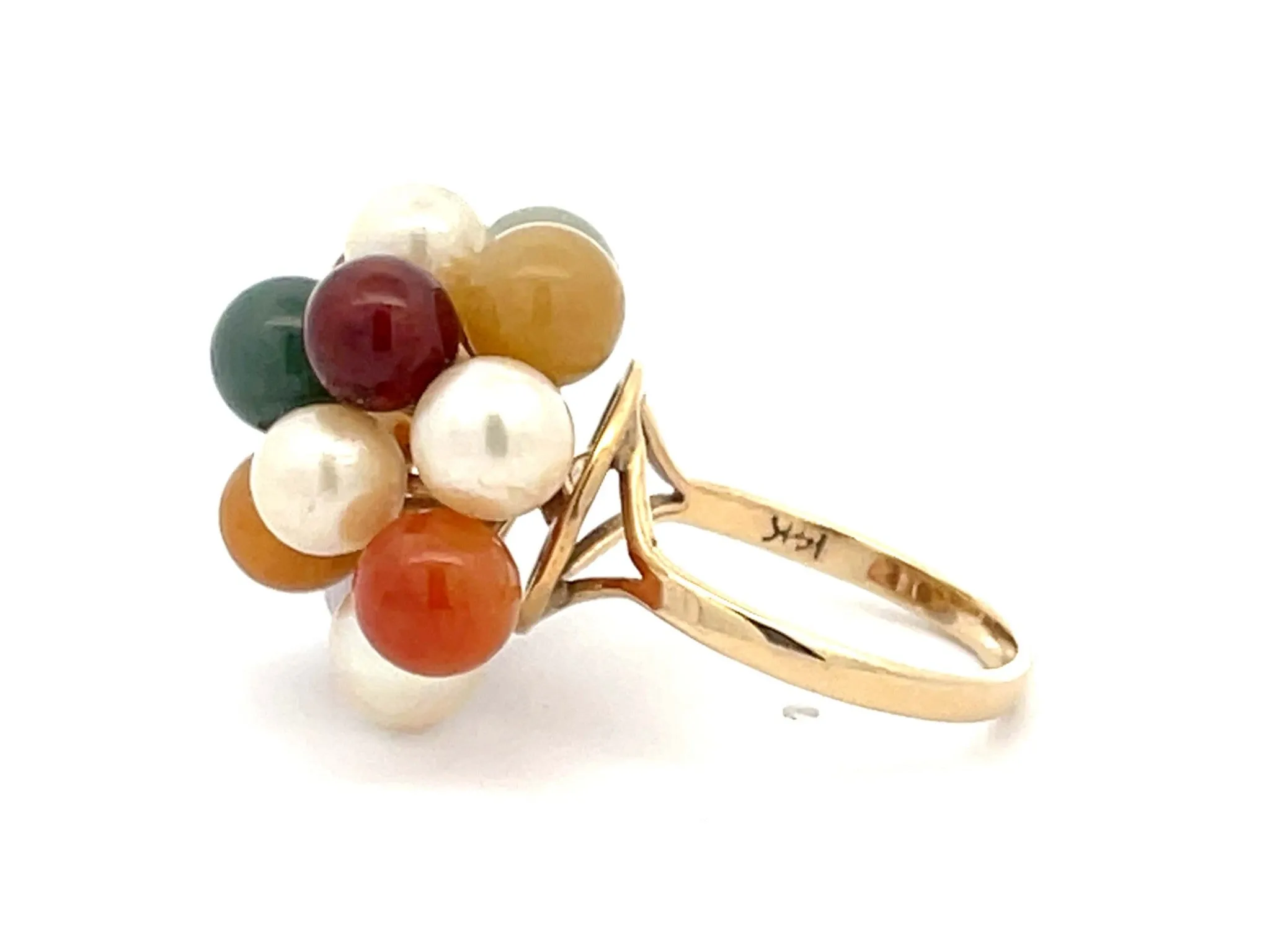 Mings Pearl and Colorful Jade Ring in 14k Yellow Gold