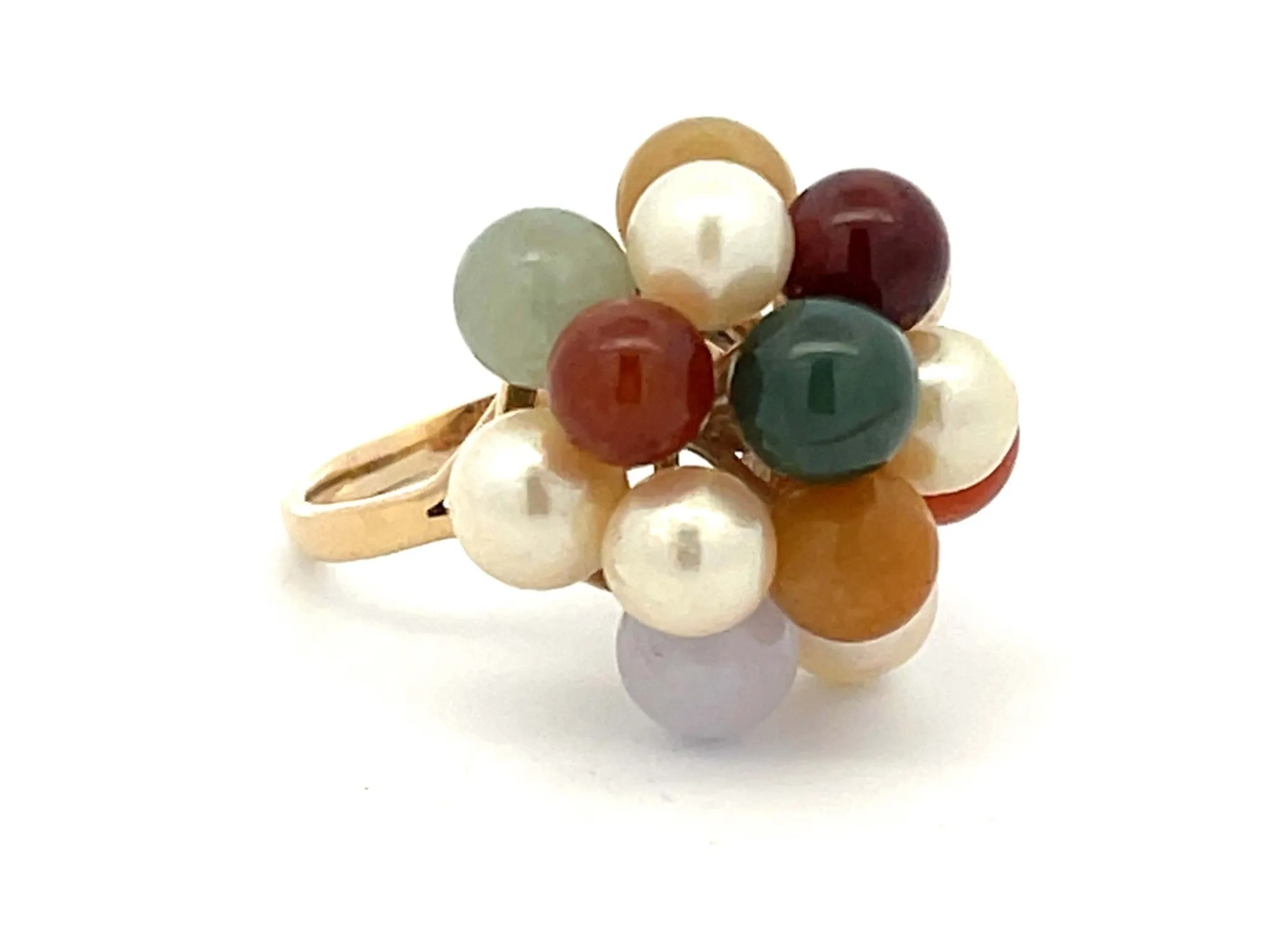 Mings Pearl and Colorful Jade Ring in 14k Yellow Gold