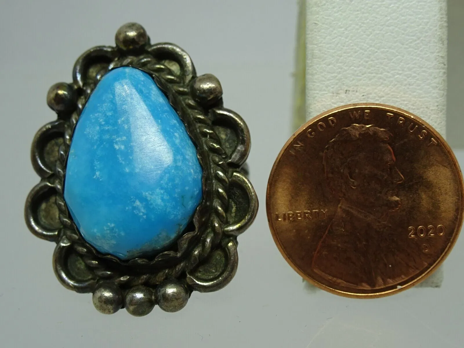 Old Pawn Native American Navajo Sterling Turquoise Ring Sawtooth Bezel  Size 4.5