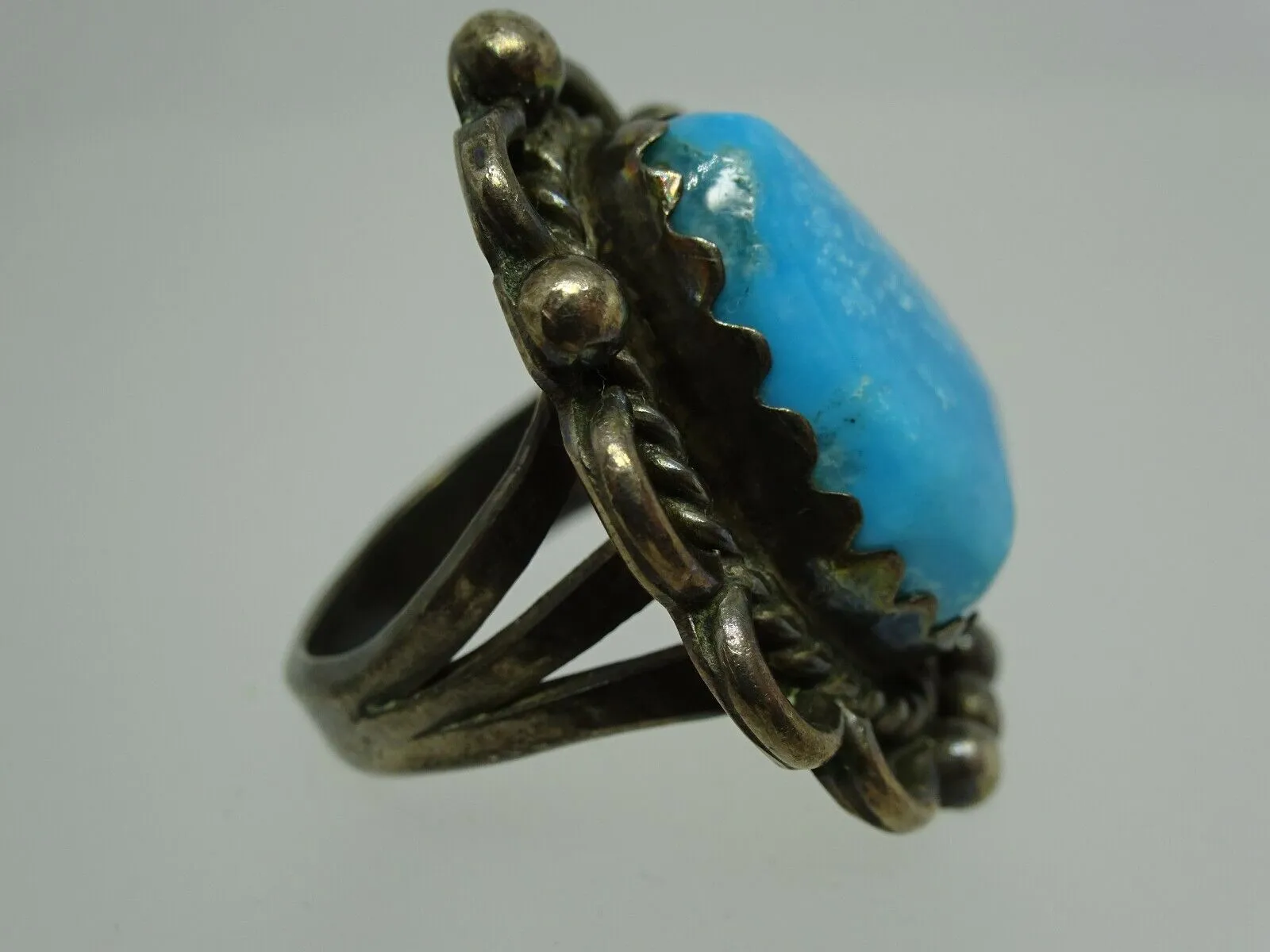 Old Pawn Native American Navajo Sterling Turquoise Ring Sawtooth Bezel  Size 4.5