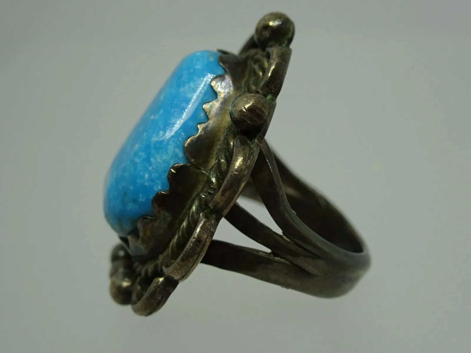 Old Pawn Native American Navajo Sterling Turquoise Ring Sawtooth Bezel  Size 4.5