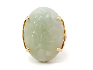 Oval Carved Nephrite Jade Ring 14K Yellow Gold