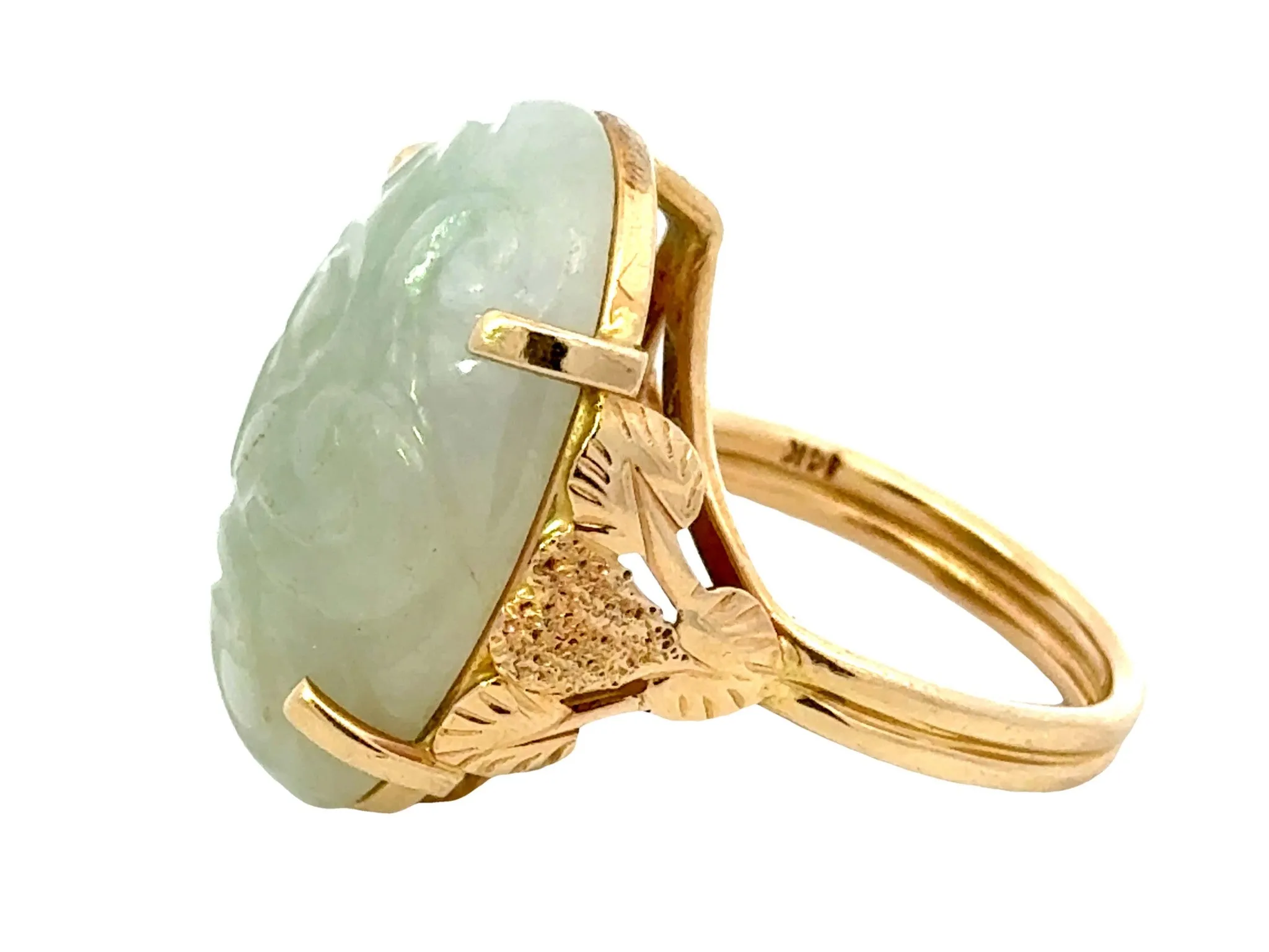 Oval Carved Nephrite Jade Ring 14K Yellow Gold