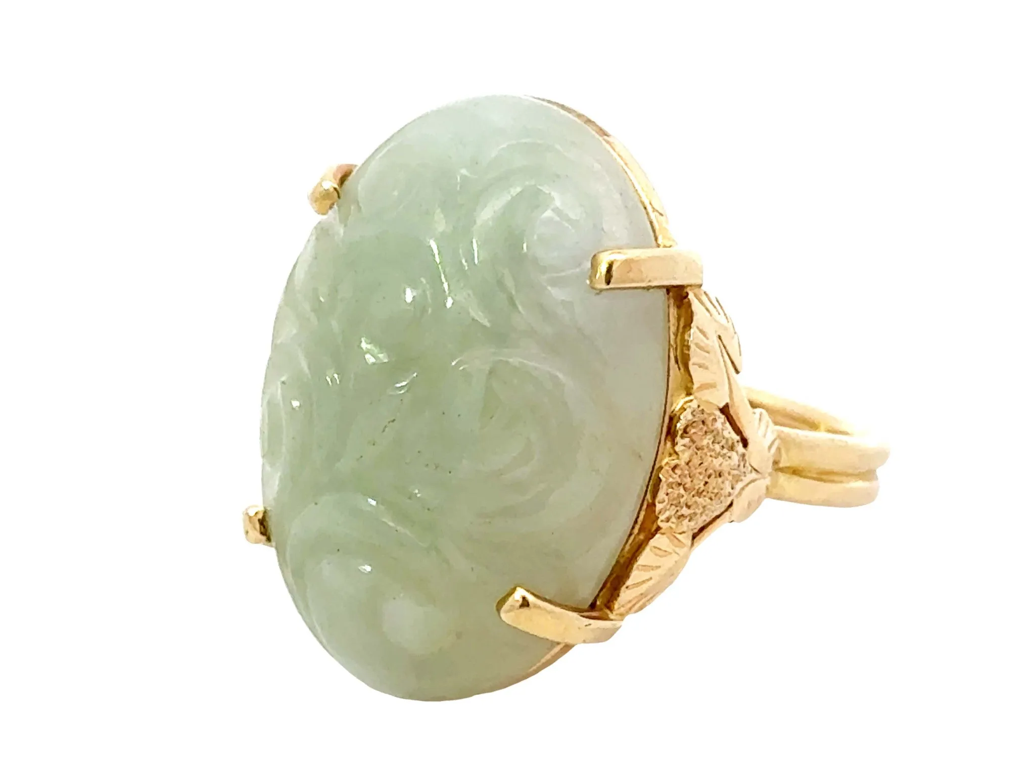 Oval Carved Nephrite Jade Ring 14K Yellow Gold