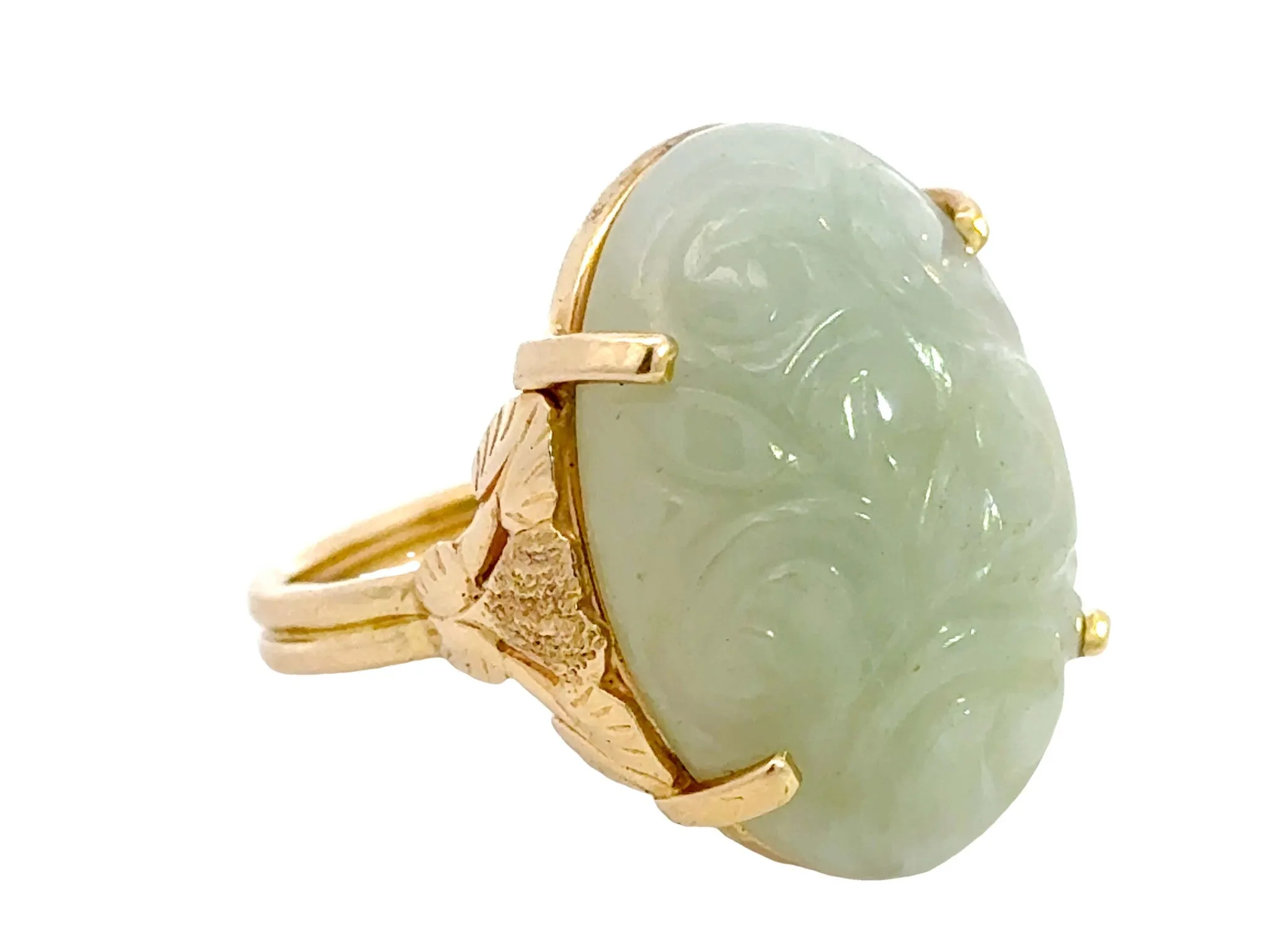 Oval Carved Nephrite Jade Ring 14K Yellow Gold