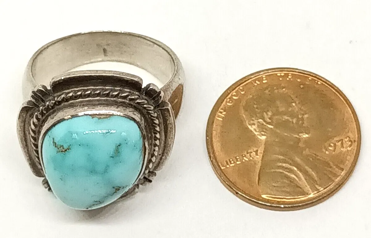 P. Sanchez Native American Signed Turquoise Sterling Silver Ring Size 6, 10.1g