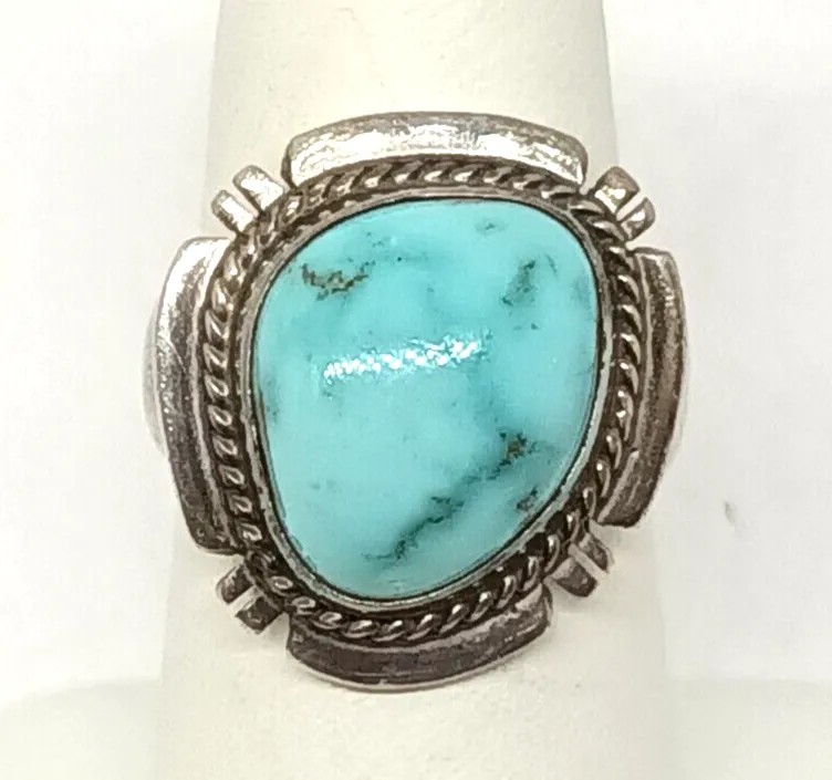 P. Sanchez Native American Signed Turquoise Sterling Silver Ring Size 6, 10.1g