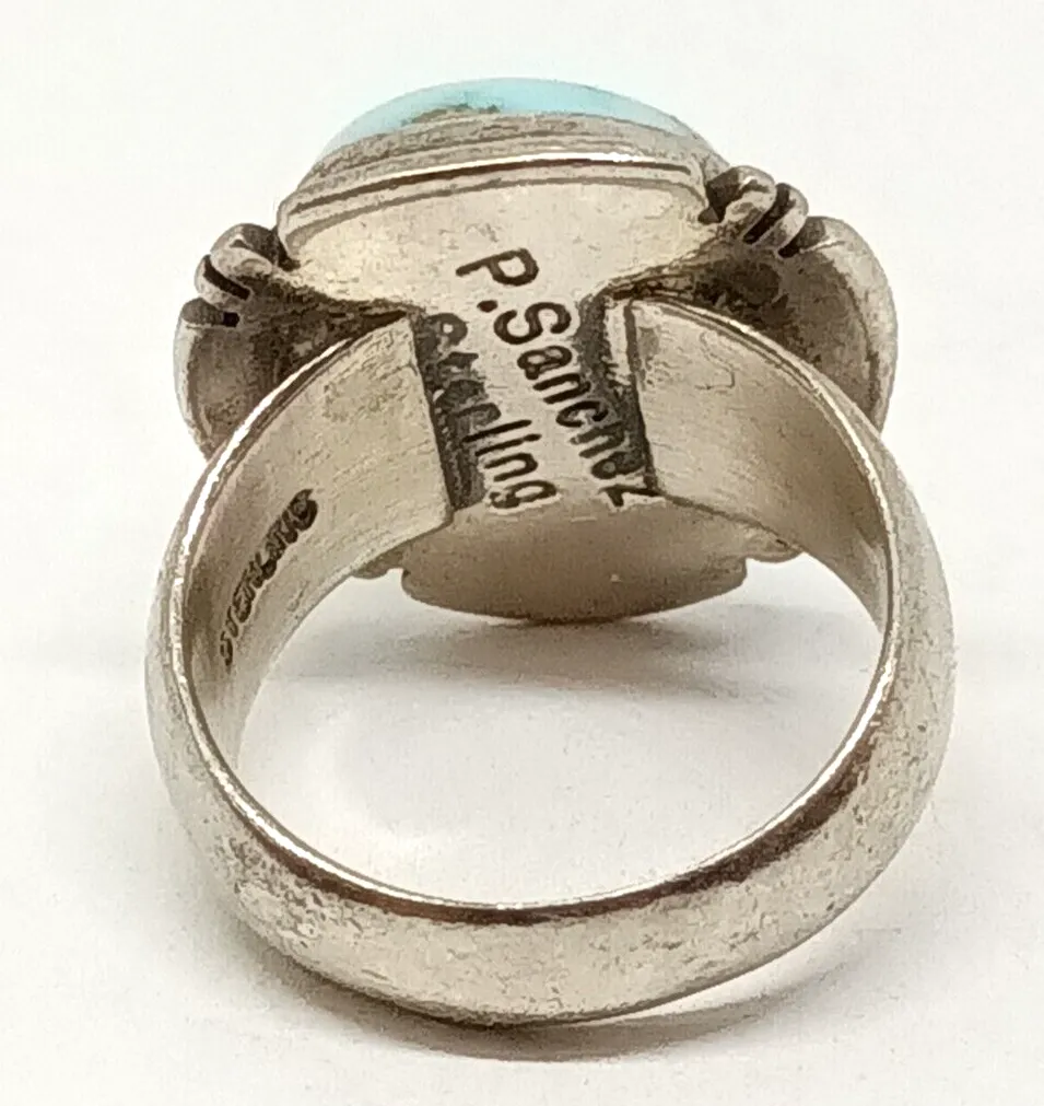 P. Sanchez Native American Signed Turquoise Sterling Silver Ring Size 6, 10.1g