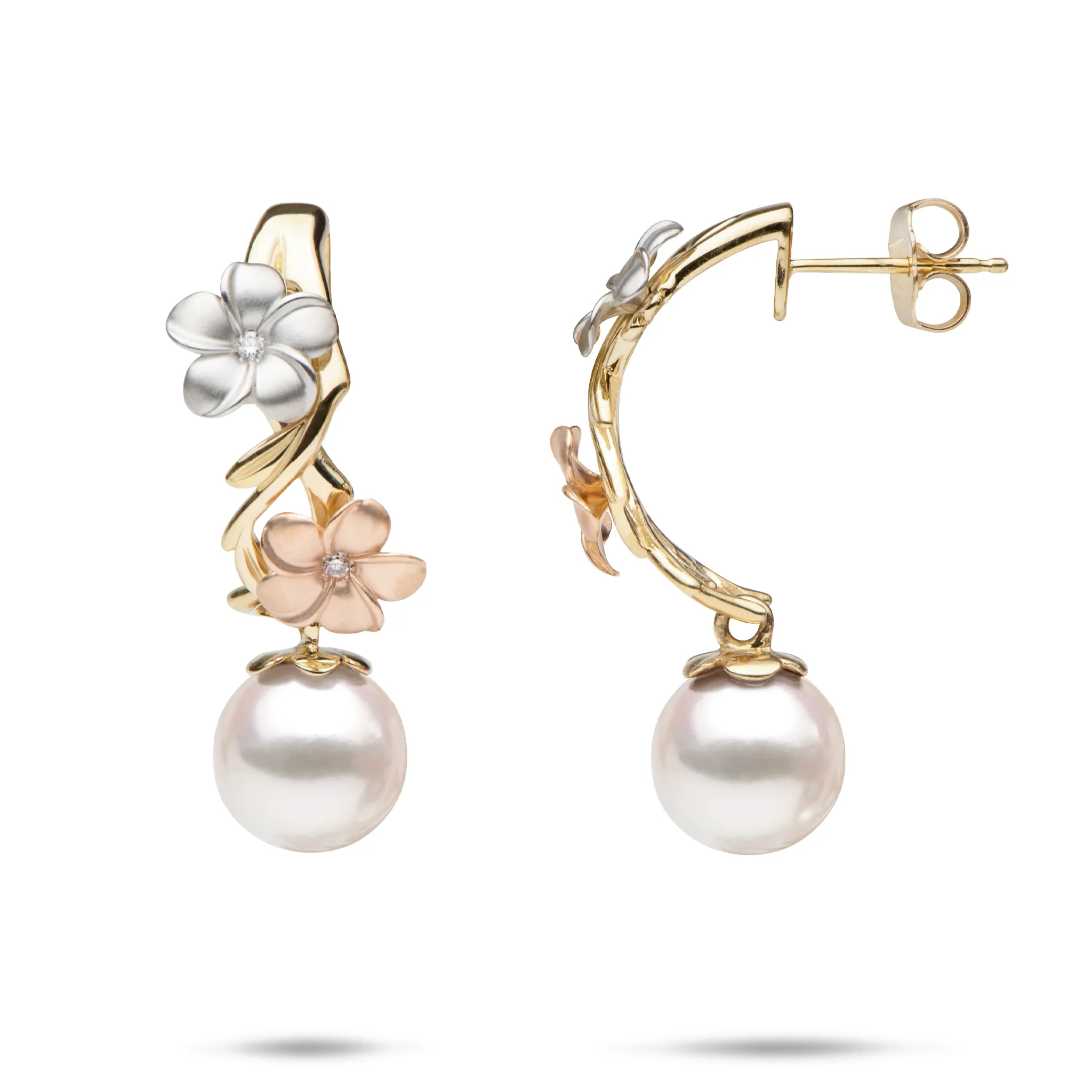 Pearls in Bloom Plumeria Akoya White Pearl Earrings in Tri Color Gold with Diamonds - 23mm