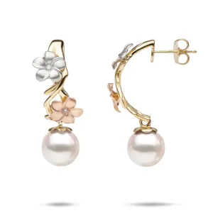 Pearls in Bloom Plumeria Akoya White Pearl Earrings in Tri Color Gold with Diamonds - 23mm