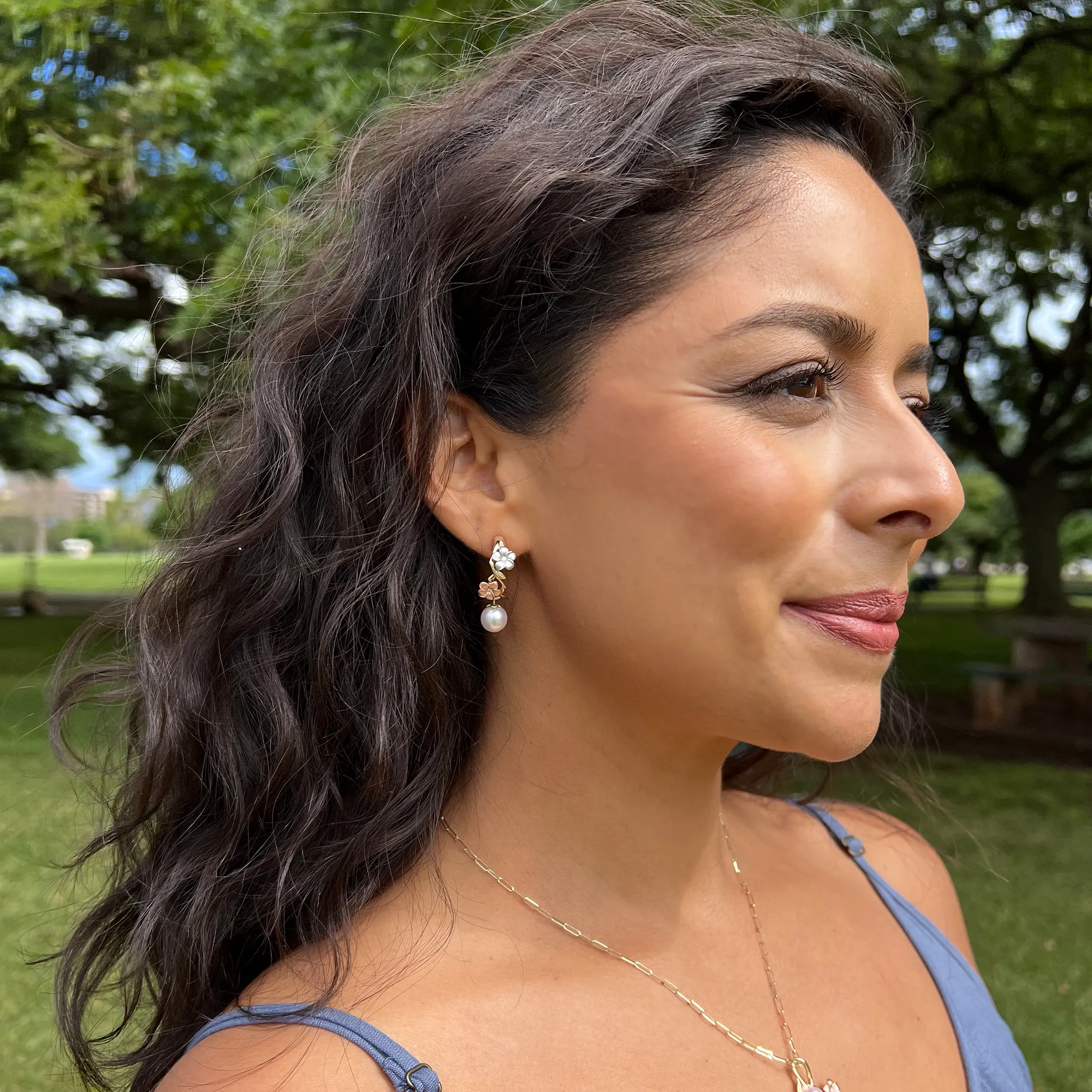 Pearls in Bloom Plumeria Akoya White Pearl Earrings in Tri Color Gold with Diamonds - 23mm