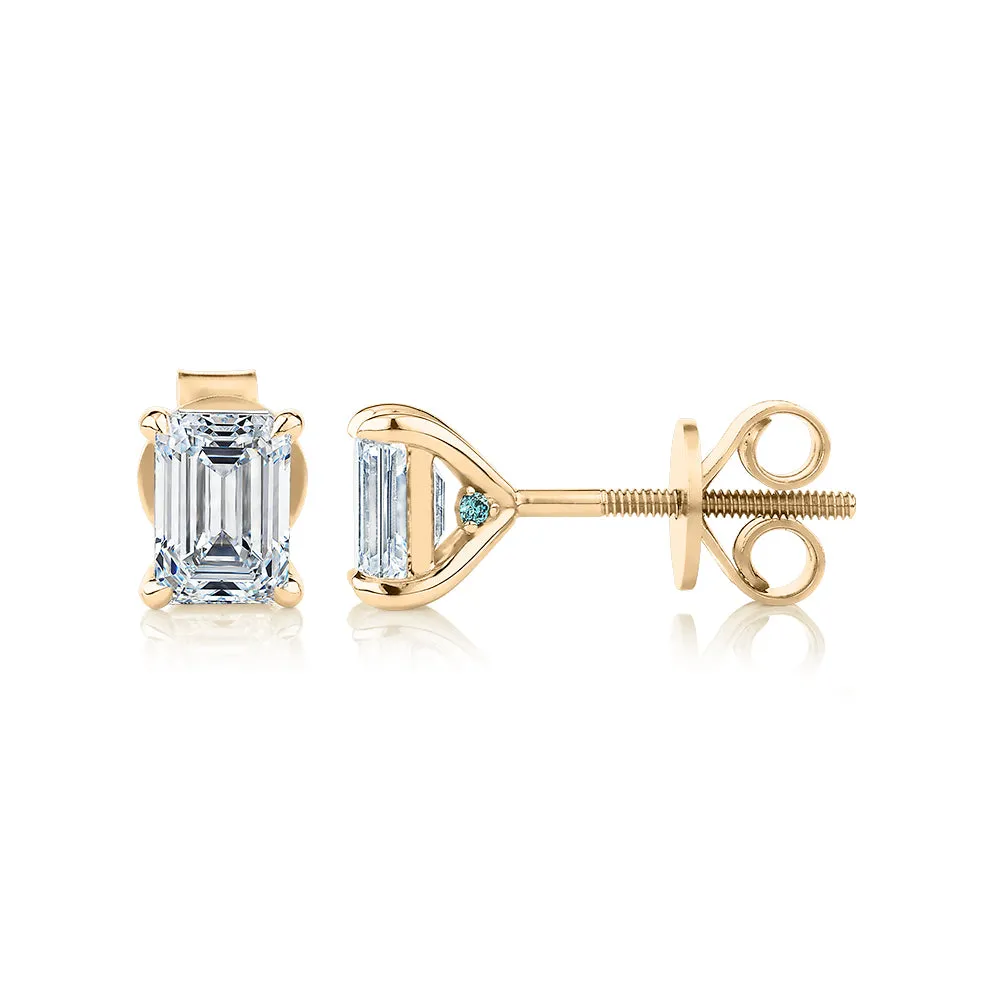 Premium Certified Lab-Grown Diamond, 1.40 carat TW emerald cut stud earrings in 14 carat yellow gold