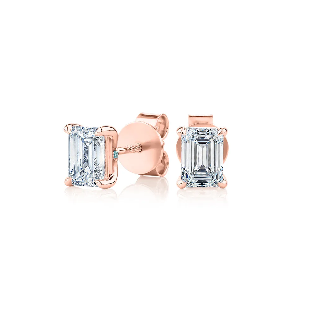 Premium Certified Lab-Grown Diamond, 1.40 carat TW emerald cut stud earrings in 18 carat rose gold