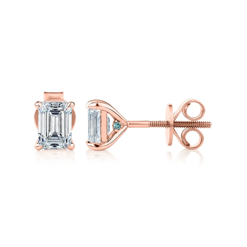 Premium Certified Lab-Grown Diamond, 1.40 carat TW emerald cut stud earrings in 18 carat rose gold