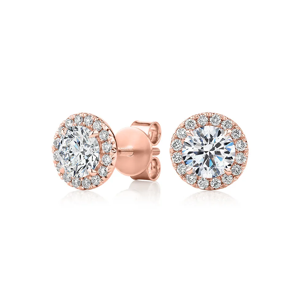 Premium Certified Lab-Grown Diamond, 1.67 carat TW round brilliant halo earrings in 14 carat rose gold