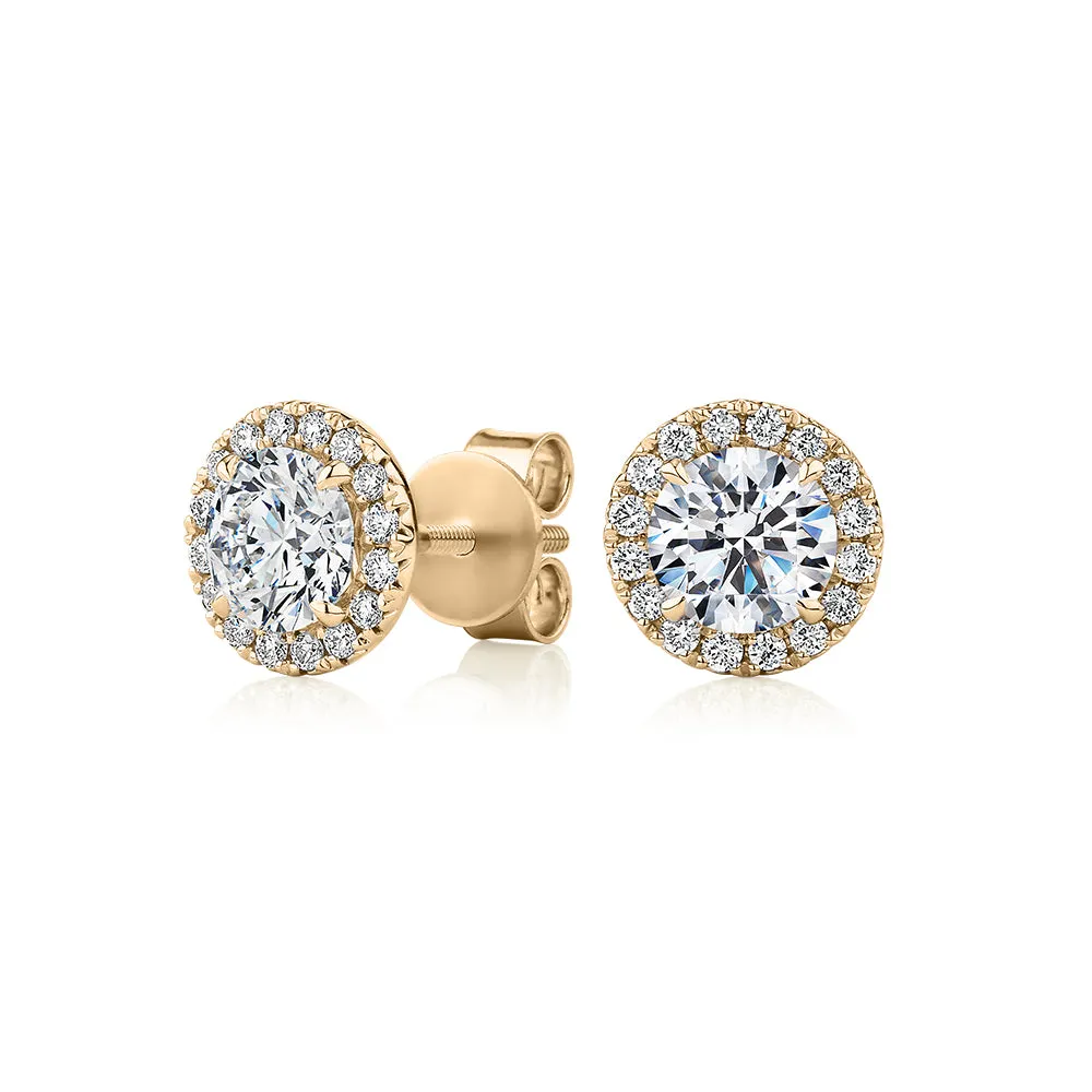 Premium Certified Lab-Grown Diamond, 1.67 carat TW round brilliant halo earrings in 18 carat yellow gold