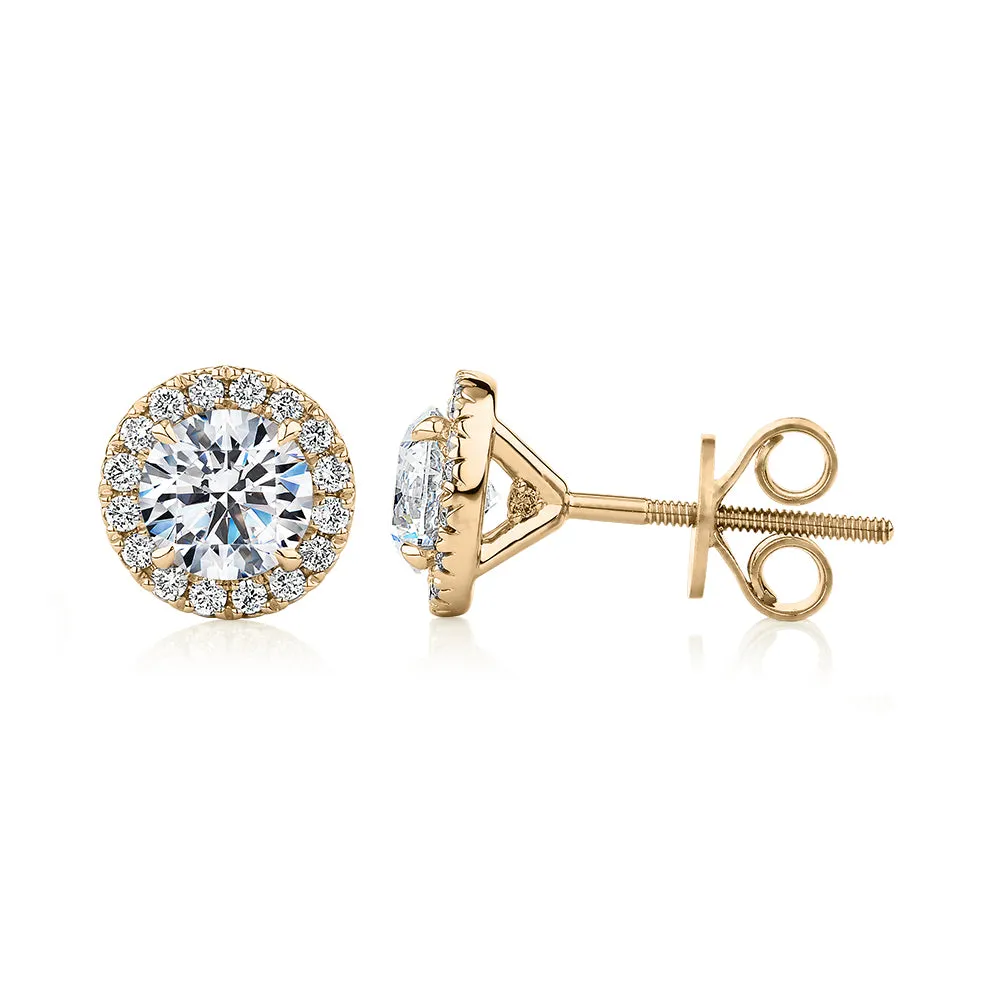 Premium Certified Lab-Grown Diamond, 1.67 carat TW round brilliant halo earrings in 18 carat yellow gold