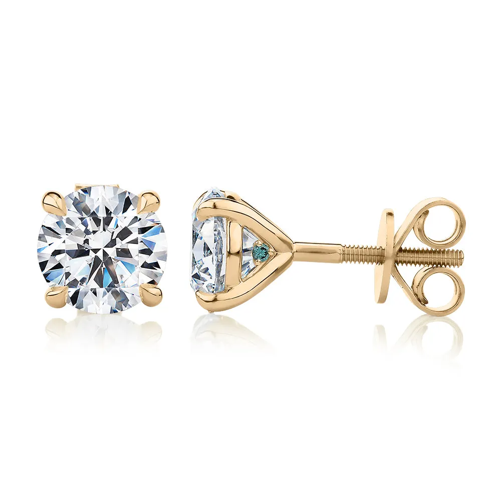 Premium Certified Lab-Grown Diamond, 3.00 carat TW round brilliant stud earrings in 14 carat yellow gold