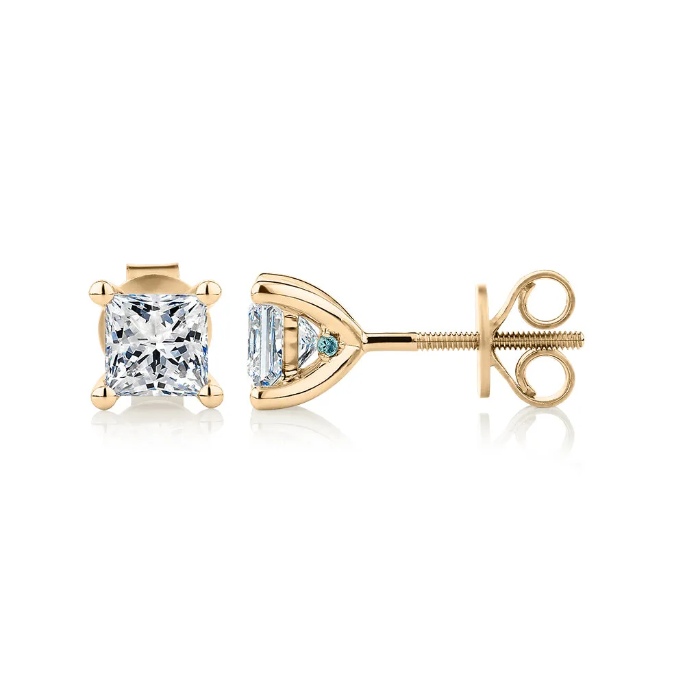 Premium Laboratory Created Diamond, 1.40 carat TW princess cut stud earrings in 18 carat yellow gold