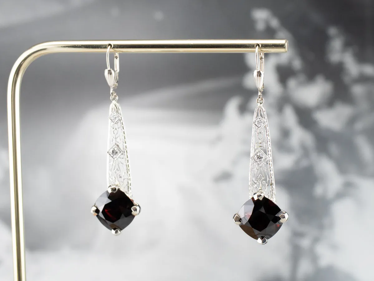 Pyrope Garnet and Diamond Filigree Drop Earrings