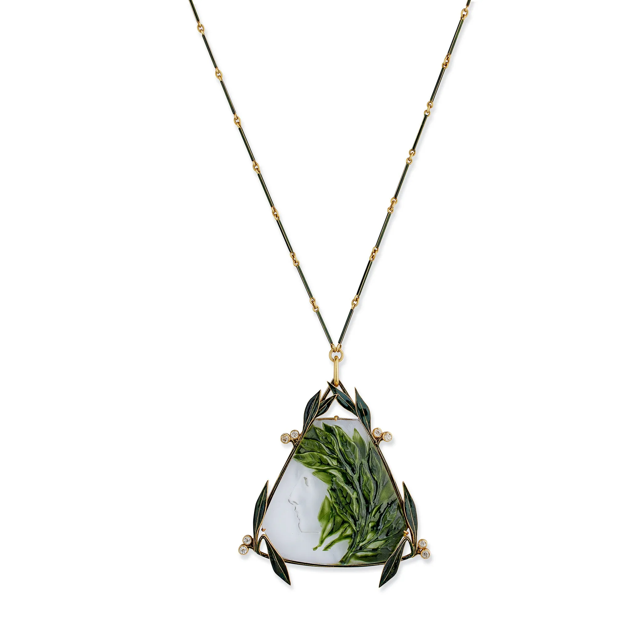 Ren?? Lalique Art Nouveau Crystal, Enamel and Diamond Pendant Necklace