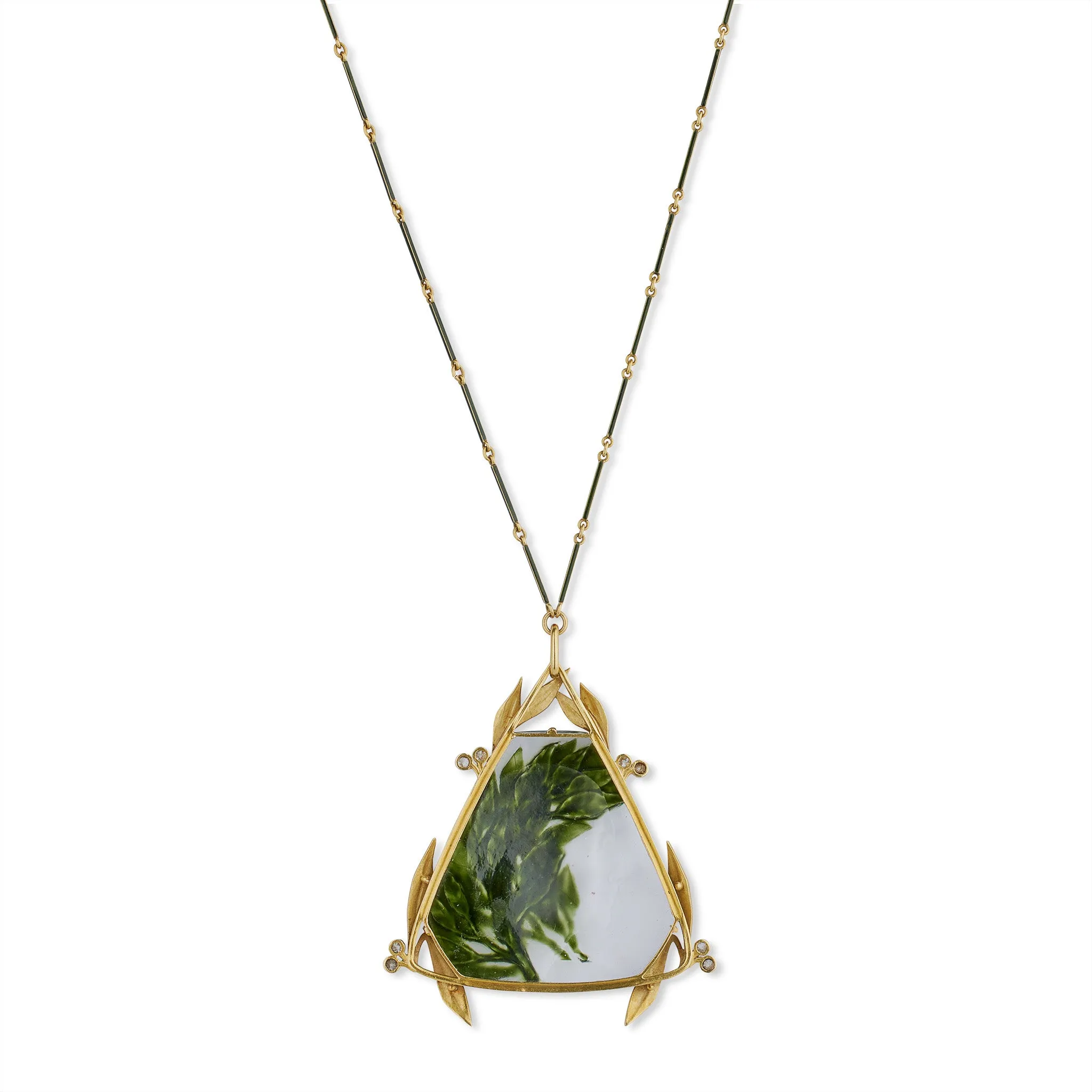 Ren?? Lalique Art Nouveau Crystal, Enamel and Diamond Pendant Necklace