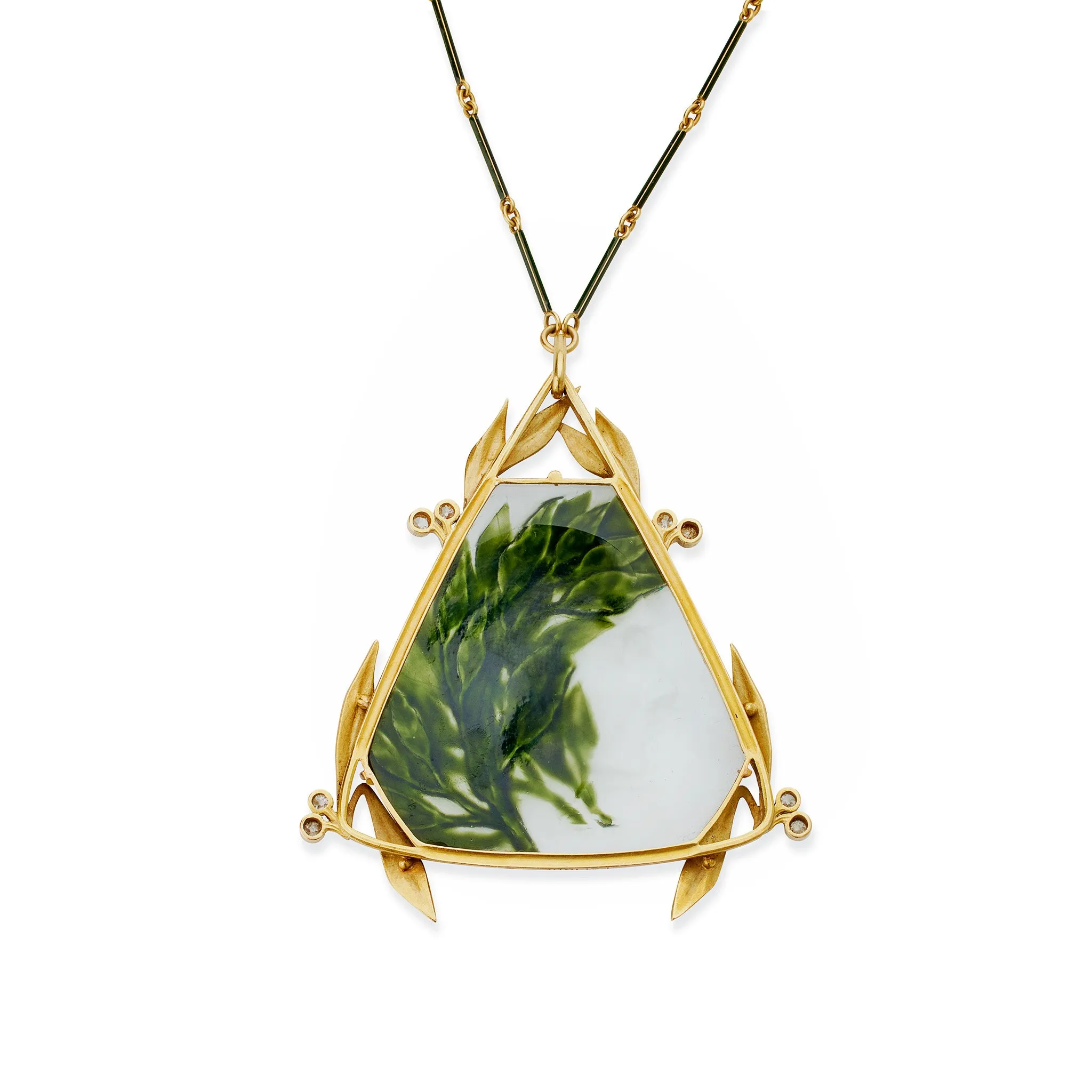 Ren?? Lalique Art Nouveau Crystal, Enamel and Diamond Pendant Necklace