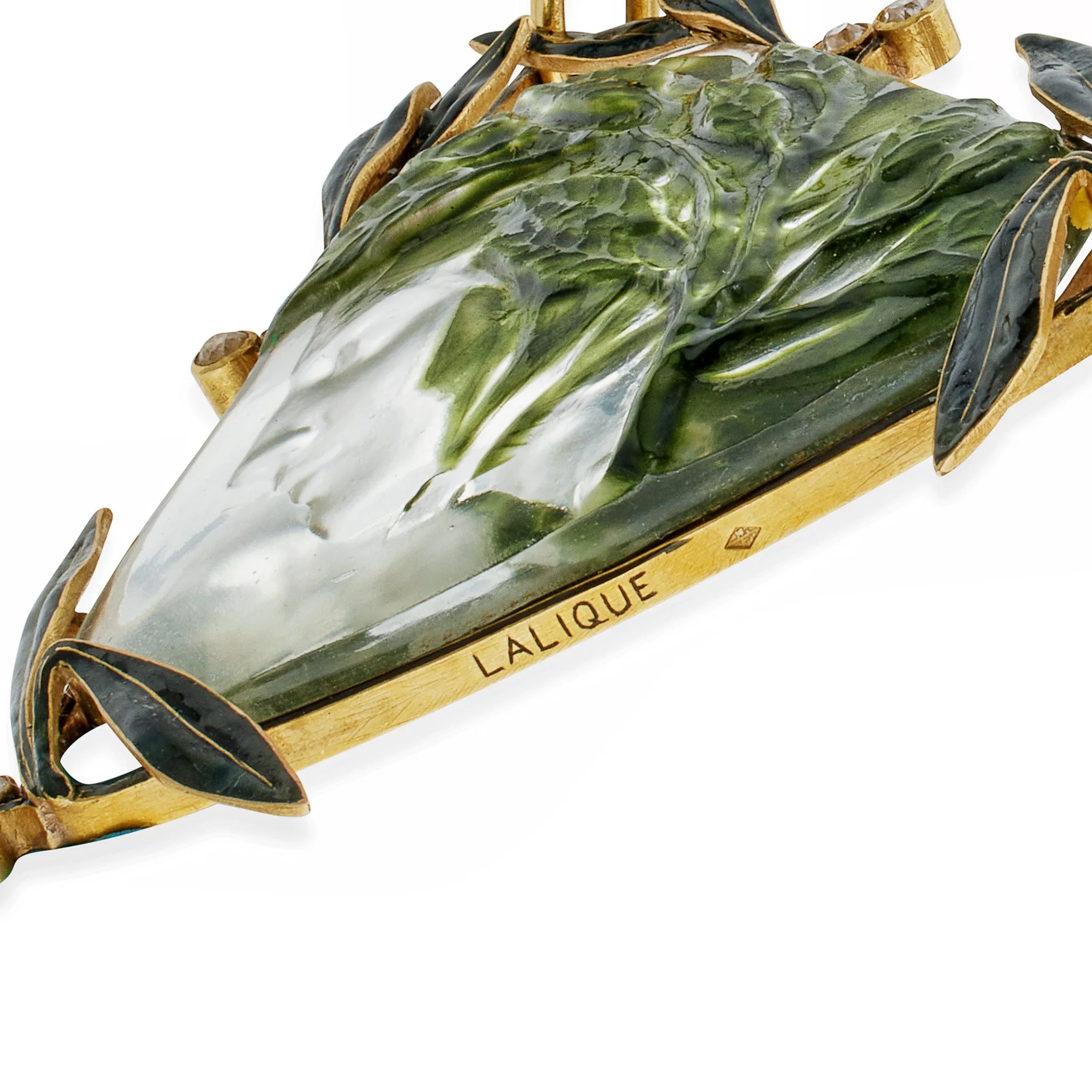 Ren?? Lalique Art Nouveau Crystal, Enamel and Diamond Pendant Necklace
