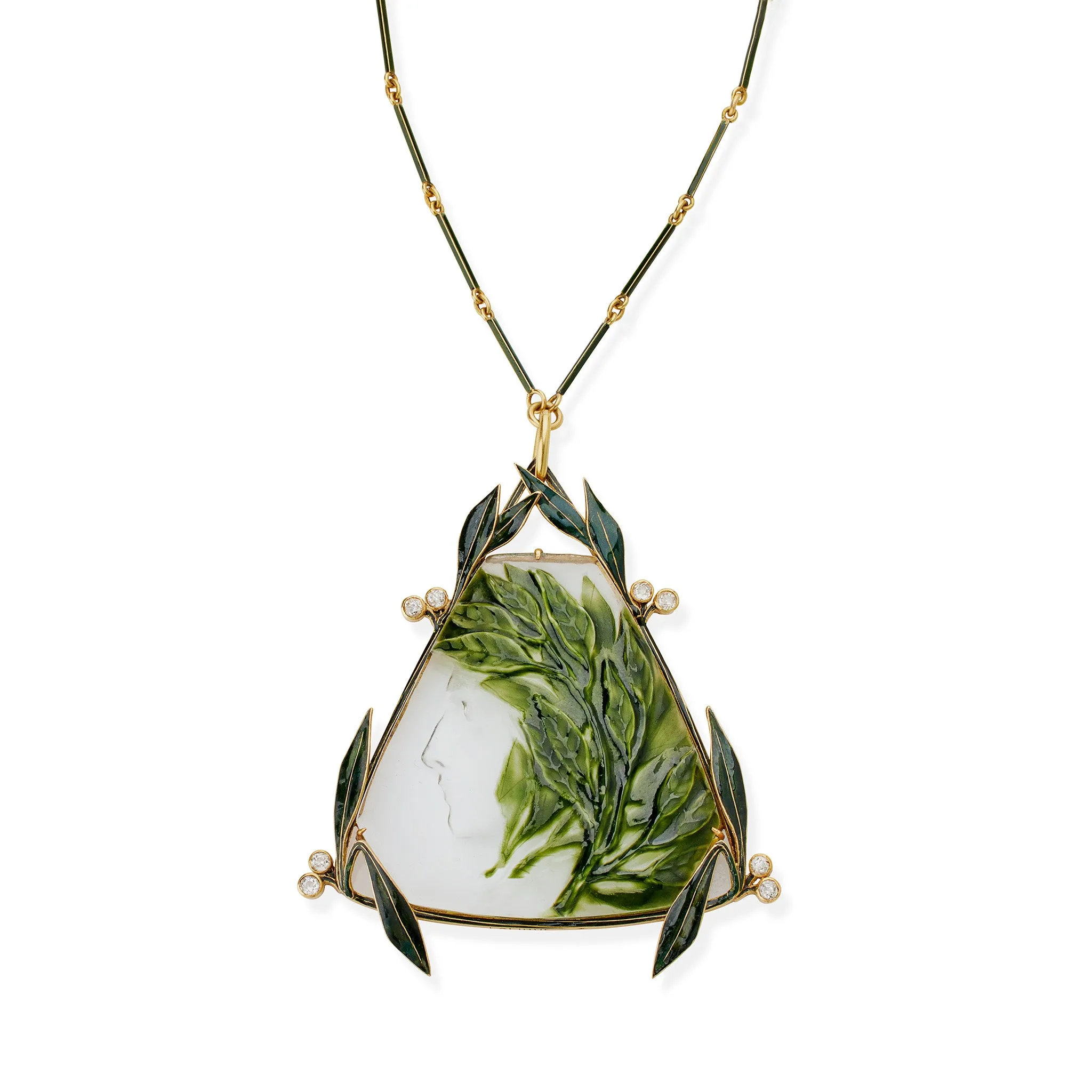 Ren?? Lalique Art Nouveau Crystal, Enamel and Diamond Pendant Necklace