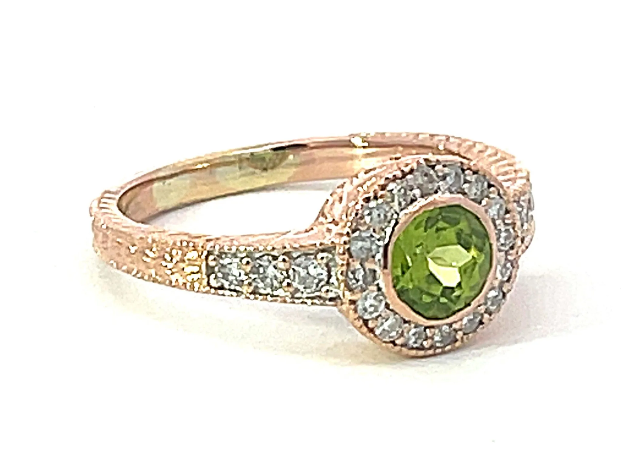 Round Green Peridot and Diamond Halo Ring in 14k Pink Gold