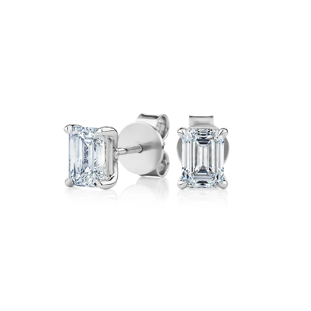 Signature Simulant Diamond 1.40 carat* TW emerald cut stud earrings in 14 carat white gold