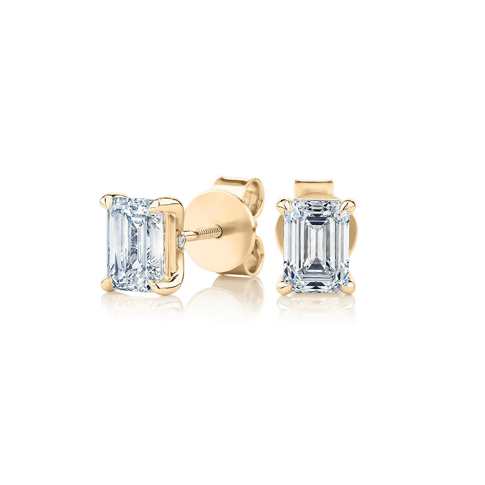 Signature Simulant Diamond 1.40 carat* TW emerald cut stud earrings in 14 carat yellow gold