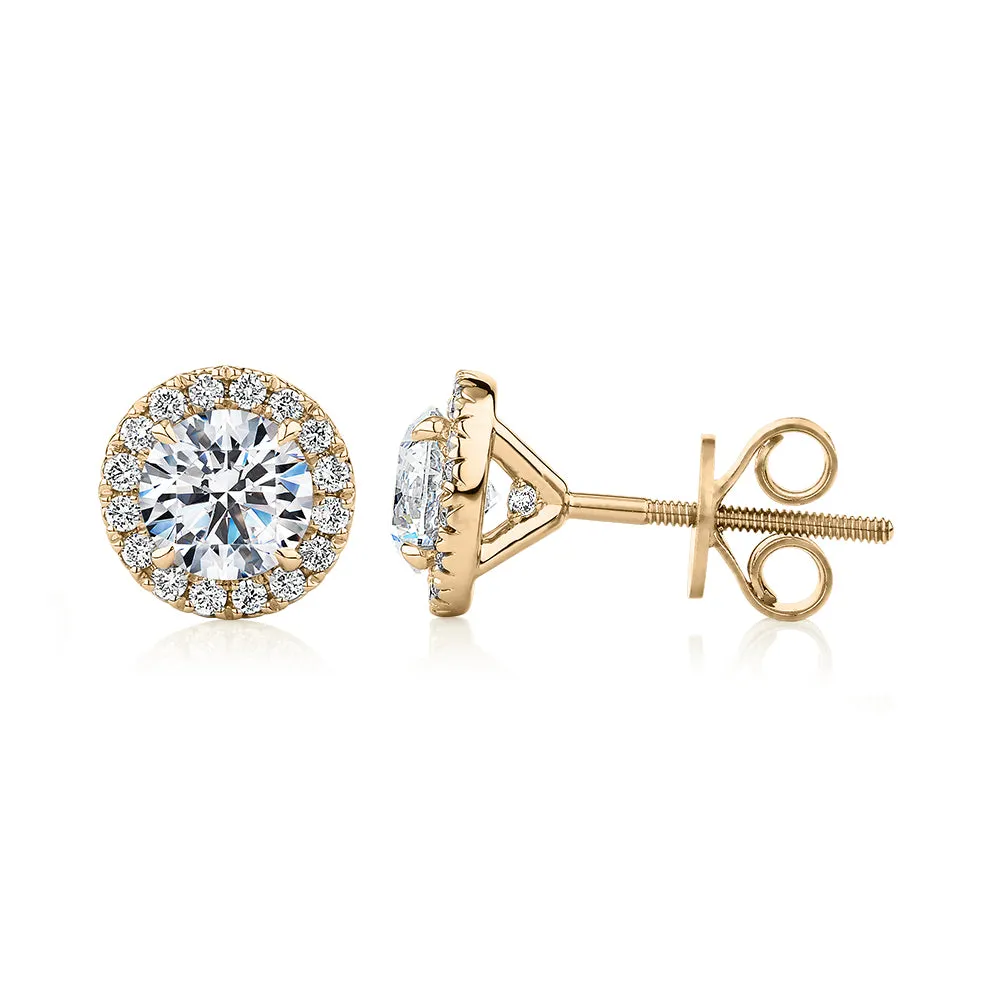 Signature Simulant Diamond 1.67 carat* TW round brilliant halo earrings in 14 carat yellow gold