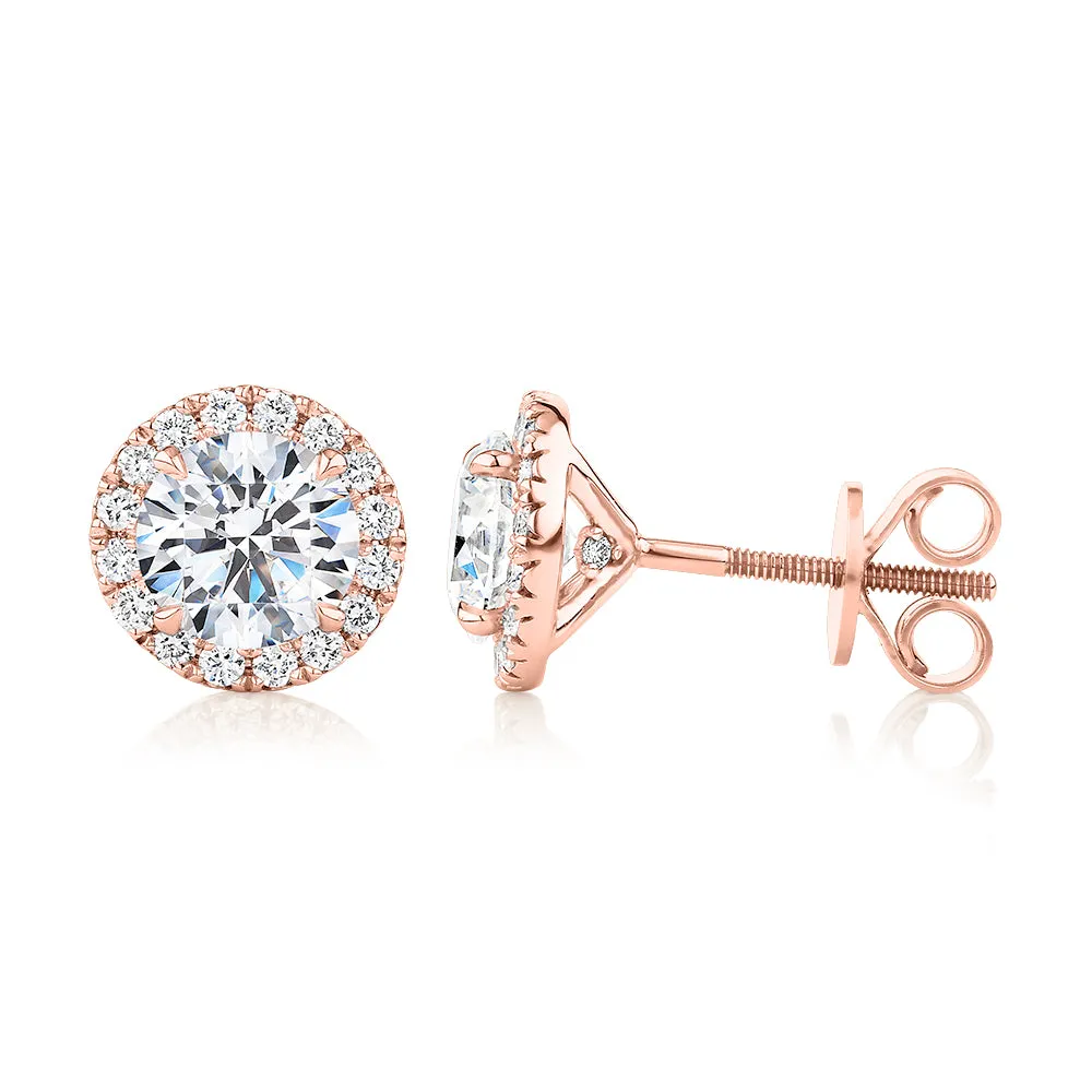 Signature Simulant Diamond 2.35 carat* TW round brilliant halo earrings in 14 carat rose gold