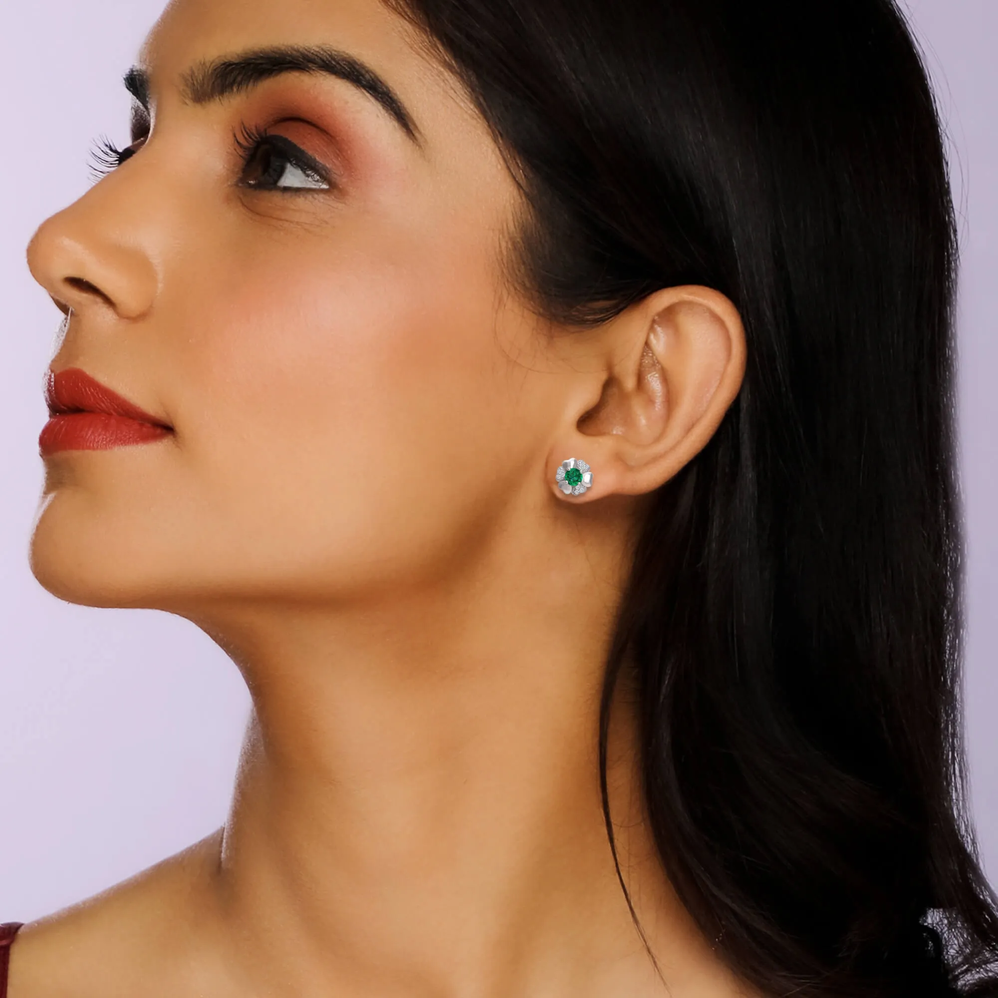 Silver Dark Green Flower Earrings