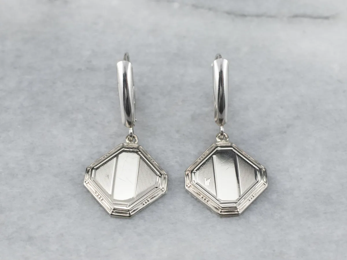 Square Disk White Gold Drop Earrings